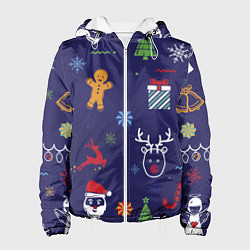 Куртка с капюшоном женская Новый год олени, ангелы, снежинки, цвет: 3D-белый