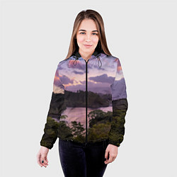Куртка с капюшоном женская Пейзаж вечерней реки и леса, цвет: 3D-черный — фото 2