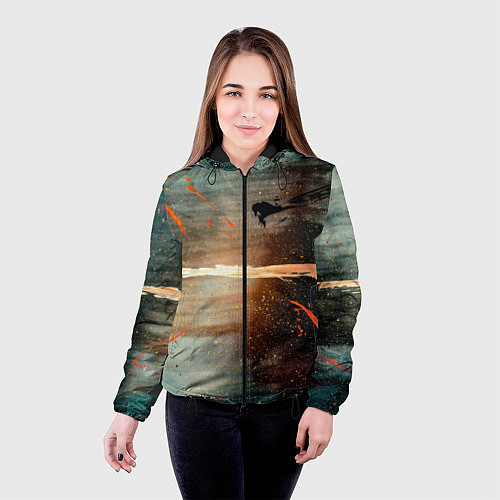 Женская куртка Светло-синий абстрактный фон и брызки красок / 3D-Черный – фото 4
