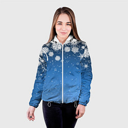 Куртка с капюшоном женская Снежный узор на синем фоне, цвет: 3D-белый — фото 2