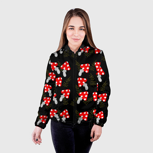 Женская куртка Мухоморы на черном фоне / 3D-Черный – фото 4