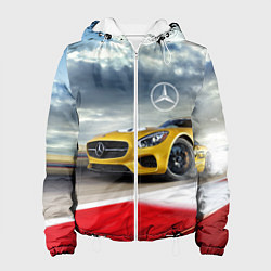 Куртка с капюшоном женская Mercedes AMG V8 Biturbo на трассе, цвет: 3D-белый