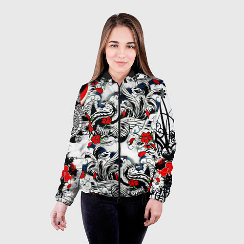 Женская куртка Красные цветы и птицы / 3D-Черный – фото 4