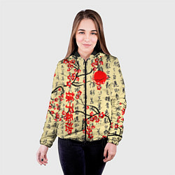 Куртка с капюшоном женская Иероглифы и сакура, цвет: 3D-черный — фото 2