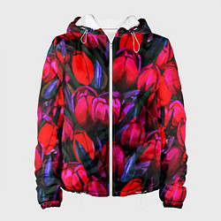 Куртка с капюшоном женская Тюльпаны - поле красных цветов, цвет: 3D-белый