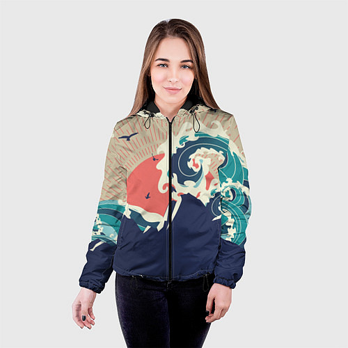 Женская куртка Большая океанская волна и силуэт пустынного остров / 3D-Черный – фото 4