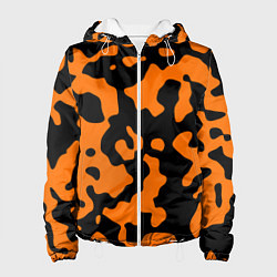 Куртка с капюшоном женская Чёрные абстрактные пятна на оранжевом фоне, цвет: 3D-белый
