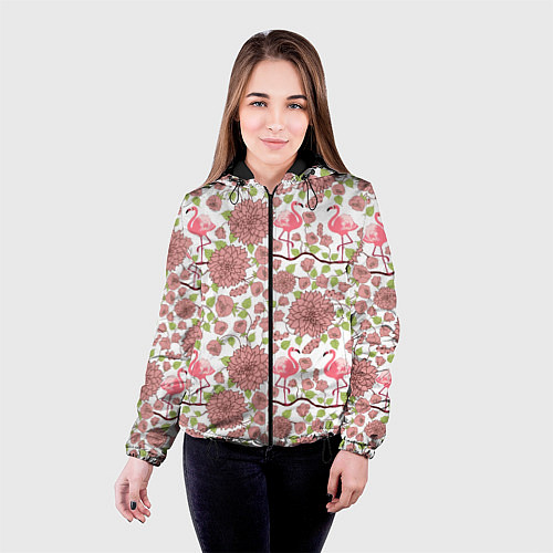 Женская куртка Фламинго и лотосы / 3D-Черный – фото 4