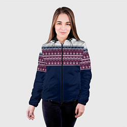 Куртка с капюшоном женская Скандинавский орнамент на синем, бордовом фоне, цвет: 3D-черный — фото 2