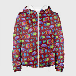 Куртка с капюшоном женская Тропические рыбки на бордовом, цвет: 3D-белый