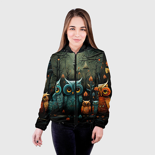 Женская куртка Совы в стиле Folk Art / 3D-Черный – фото 4