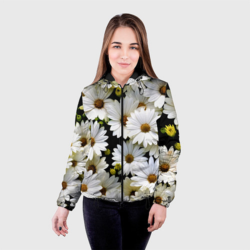 Женская куртка Белые цветы ромашки - летний паттерн / 3D-Черный – фото 4