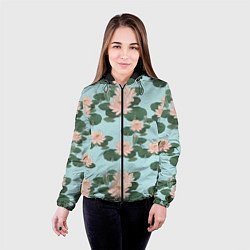 Куртка с капюшоном женская Водяные лилии на бирюзовом фоне, цвет: 3D-черный — фото 2