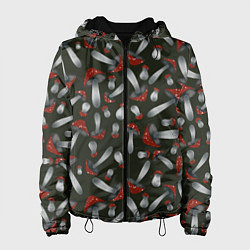 Куртка с капюшоном женская Мухоморы - паттерн, цвет: 3D-черный