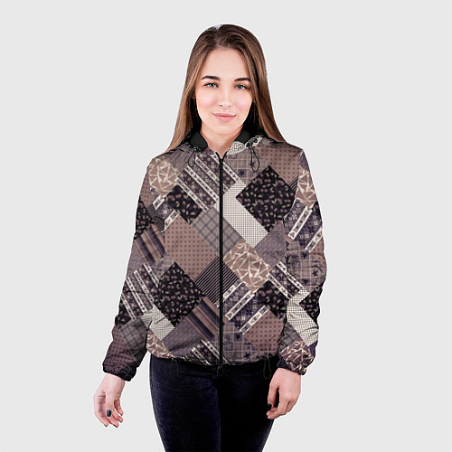 Женская куртка Коричневый узор в стиле фолк-пэчворк / 3D-Черный – фото 4