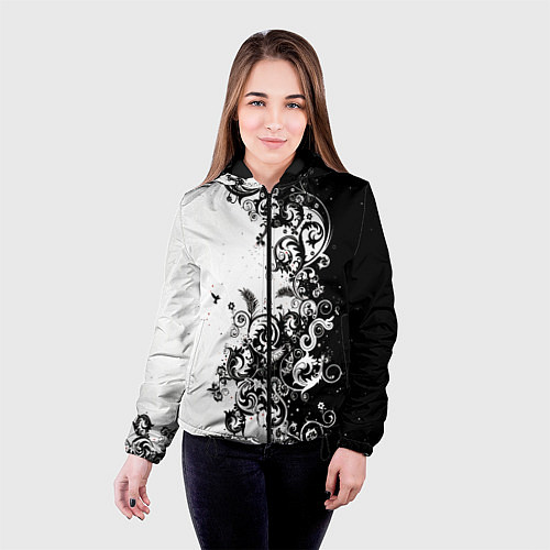 Женская куртка Черно-белая птица среди узорчатых цветов / 3D-Черный – фото 4