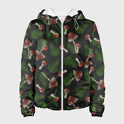 Куртка с капюшоном женская Мухоморы и папоротник на черном - паттерн, цвет: 3D-белый