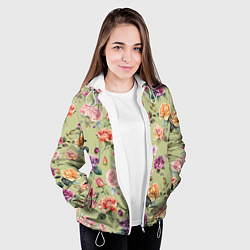 Куртка с капюшоном женская Акварельные цветы - паттерн зеленый, цвет: 3D-белый — фото 2