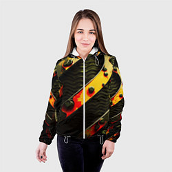 Куртка с капюшоном женская Зеленая текстура оранжевые полосы, цвет: 3D-белый — фото 2