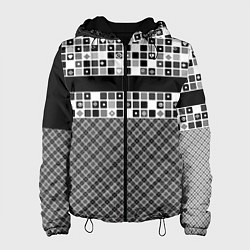 Куртка с капюшоном женская Черно-белый лоскутный узор-пэчворк, цвет: 3D-черный