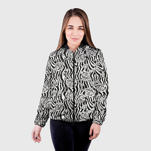 Женская куртка Декоративные цветы на фоне зебры / 3D-Черный – фото 4