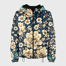 Куртка с капюшоном женская Золотые цветы узор, цвет: 3D-черный
