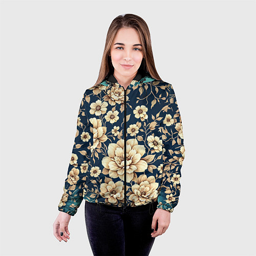 Женская куртка Золотые цветы узор / 3D-Черный – фото 4