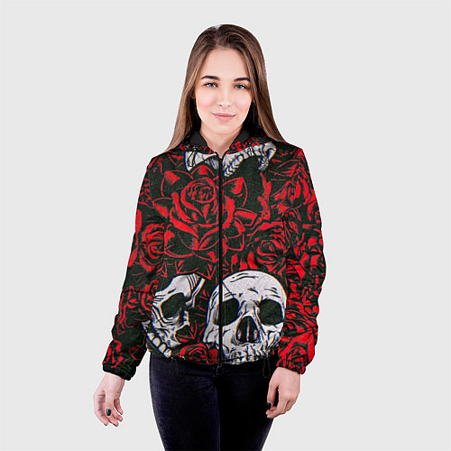 Женская куртка Красные розы и черепа / 3D-Черный – фото 4