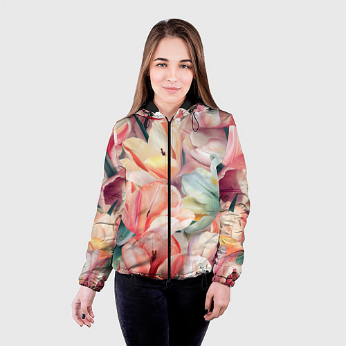 Женская куртка Разноцветные пастельные тюльпаны - паттерн / 3D-Черный – фото 4