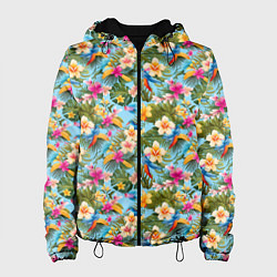 Куртка с капюшоном женская Разноцветные цветочки гавайские, цвет: 3D-черный