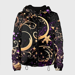 Куртка с капюшоном женская Чёрный паттерн со звёздами и лунами, цвет: 3D-черный