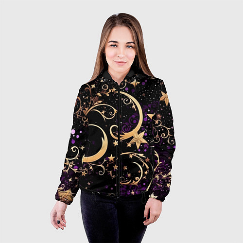 Женская куртка Чёрный паттерн со звёздами и лунами / 3D-Черный – фото 4