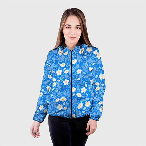 Женская куртка Белые птицы голуби и цветы яблони на синем фоне не / 3D-Черный – фото 4