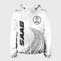 Куртка с капюшоном женская Saab speed на светлом фоне со следами шин: надпись, цвет: 3D-белый