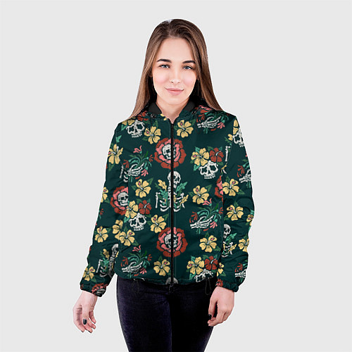 Женская куртка Скелеты и черепа среди цветов / 3D-Черный – фото 4