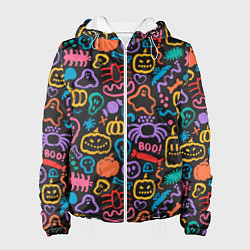 Куртка с капюшоном женская Halloween colorful pumpkins, ghosts, spiders, цвет: 3D-белый