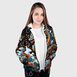 Куртка с капюшоном женская Дракон на волнах в японском стиле арт, цвет: 3D-белый — фото 2