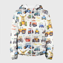 Куртка с капюшоном женская Акварельные тракторы - детский паттерн, цвет: 3D-белый