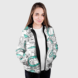 Куртка с капюшоном женская Дракон Хаку в стиле тату: белый и бирюзовый паттер, цвет: 3D-черный — фото 2