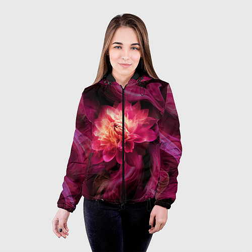 Женская куртка Розовый цветок в огне - нейросеть / 3D-Черный – фото 4