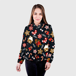 Куртка с капюшоном женская Рождественские пряники - праздничный паттерн, цвет: 3D-черный — фото 2