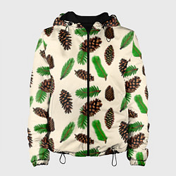 Куртка с капюшоном женская Зимний узор - еловые ветки и шишки, цвет: 3D-черный