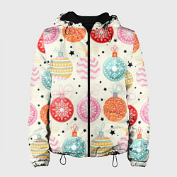 Куртка с капюшоном женская Разноцветные новогодние шары, цвет: 3D-черный