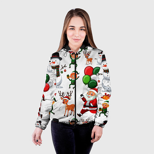 Женская куртка Зимний праздник - деды морозы гномы олени / 3D-Черный – фото 4