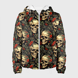 Куртка с капюшоном женская Череп рябина шишки и хвойные ветки, цвет: 3D-белый