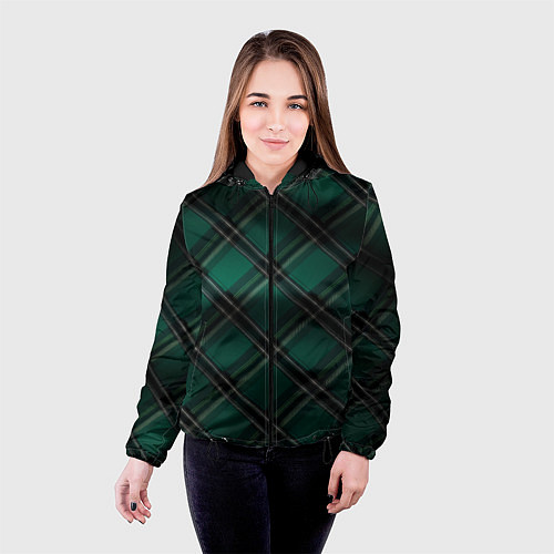 Женская куртка Тёмно-зелёная диагональная шотландская клетка / 3D-Черный – фото 4