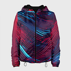 Куртка с капюшоном женская Волнистые линии красные и синие, цвет: 3D-черный
