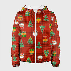 Куртка с капюшоном женская Елочки и Санта - паттерн красная клетка, цвет: 3D-белый