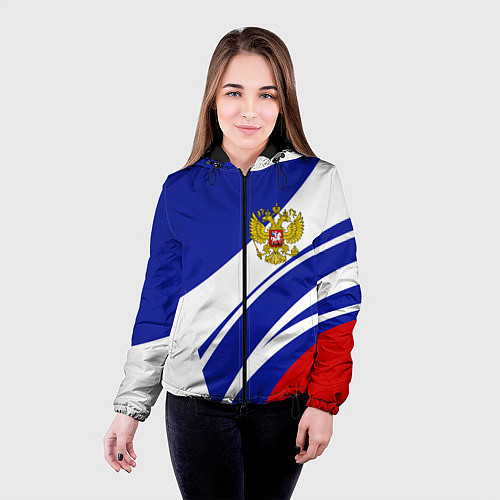 Женская куртка Герб России на абстрактных полосах / 3D-Черный – фото 4