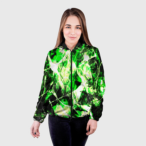 Женская куртка Зелёные узоры джунгли / 3D-Черный – фото 4